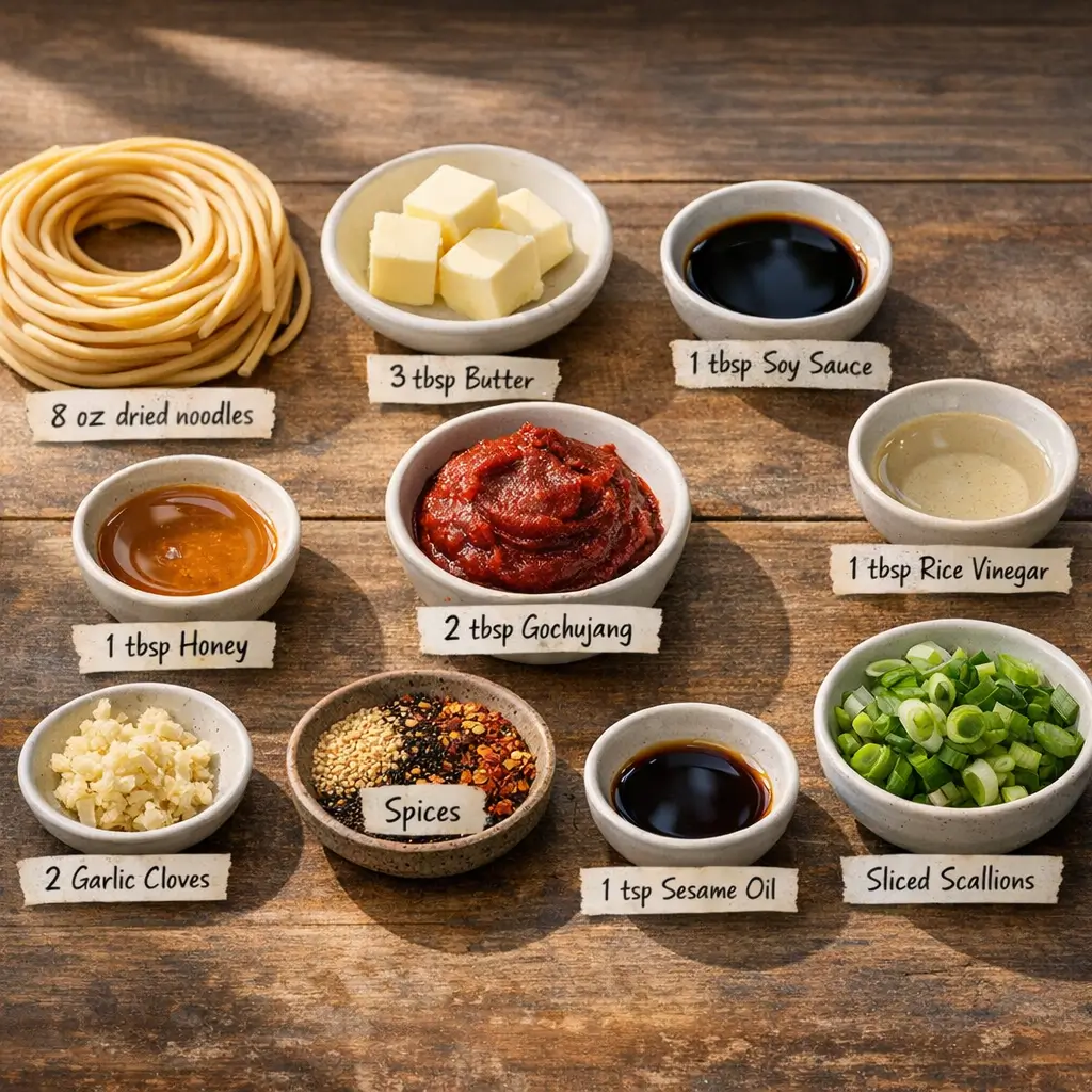 Ingredients for gochujang butter noodles including noodles, gochujang, butter, soy sauce, and garlic