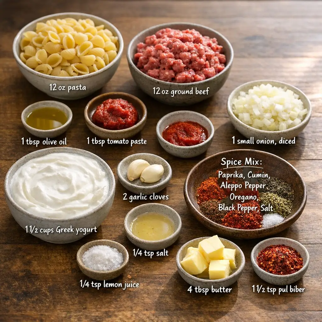 Ingredients for Anna Paul's Turkish Pasta, including pasta, ground meat, garlic yogurt, and spices