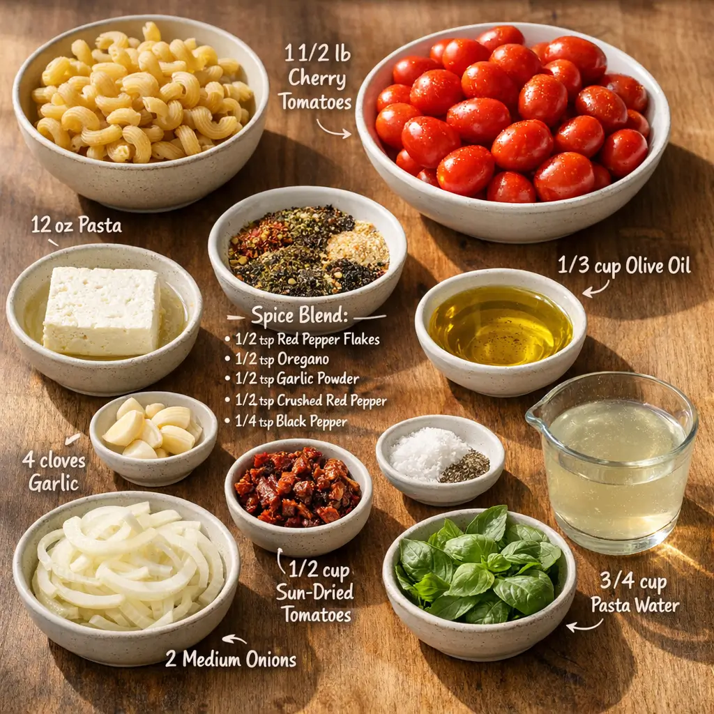 Ingredients for Baked Feta Pasta 2.0 including cherry tomatoes, Greek feta, caramelized onions, garlic, and herbs