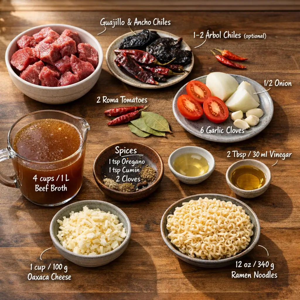 Birria Ramen ingredients including dried chiles, cheese, beef, and ramen noodles laid out