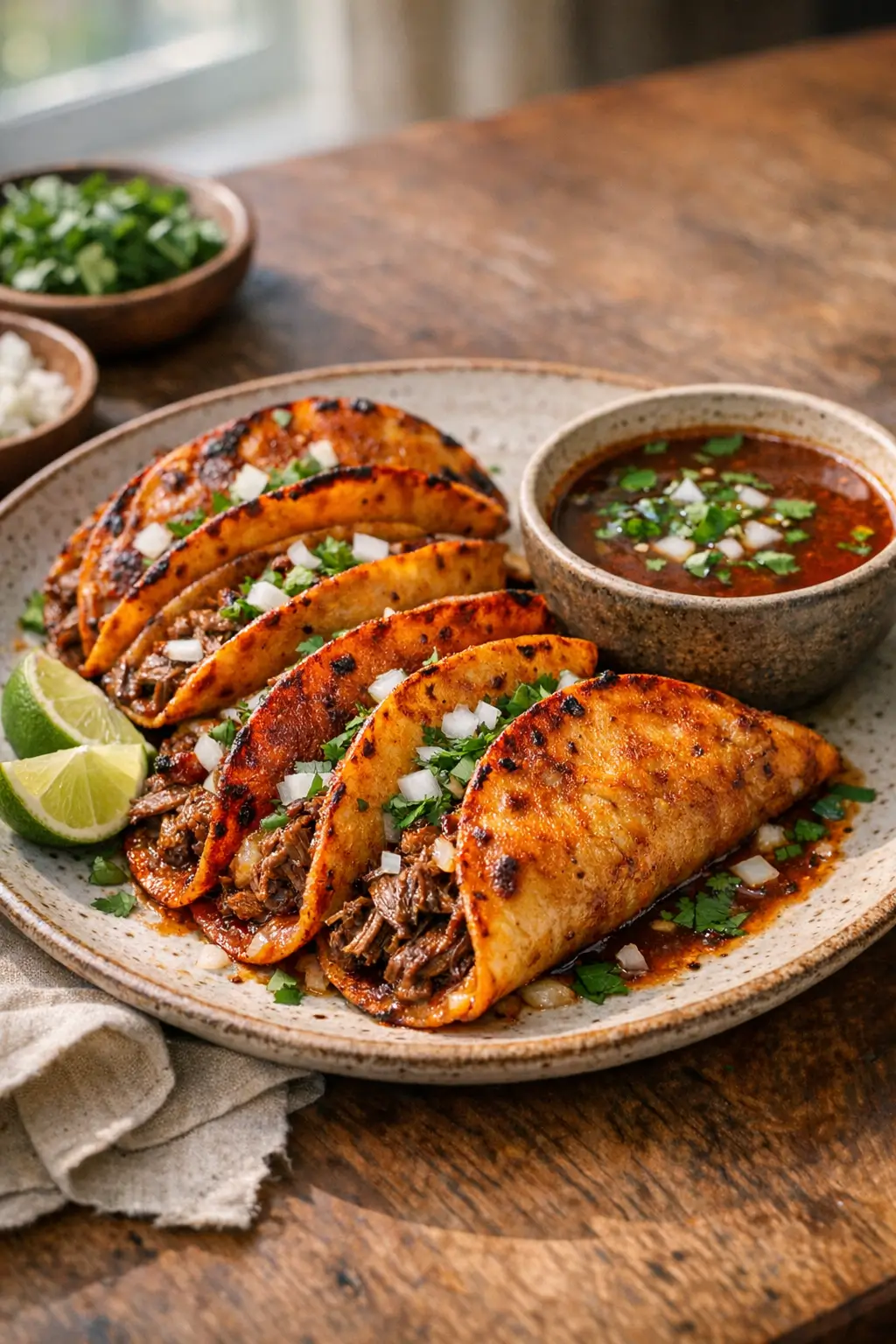 Crispy Birria Tacos served with dipping consommé, garnished with cilantro and onion