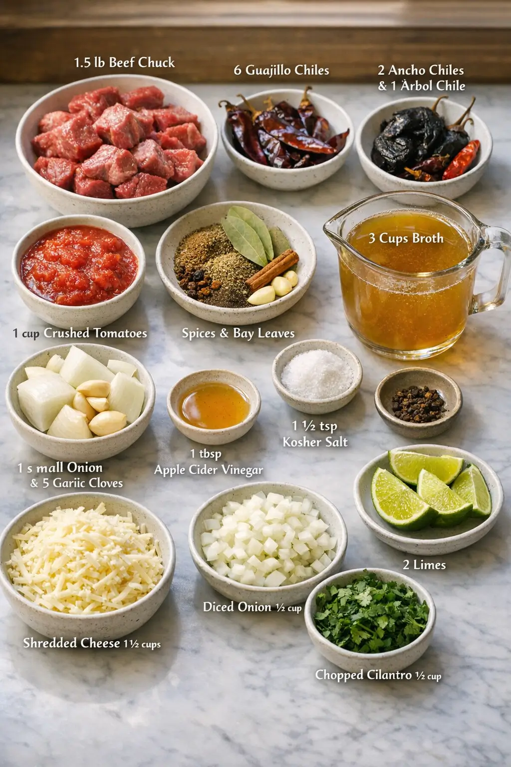 Birria taco ingredients including dried chiles, beef, cheese, cilantro, and corn tortillas