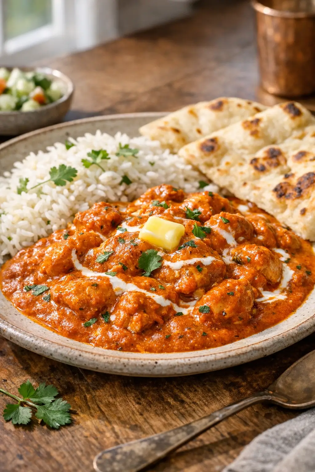 Homemade butter chicken with creamy sauce, served alongside basmati rice and garnished with cilantro
