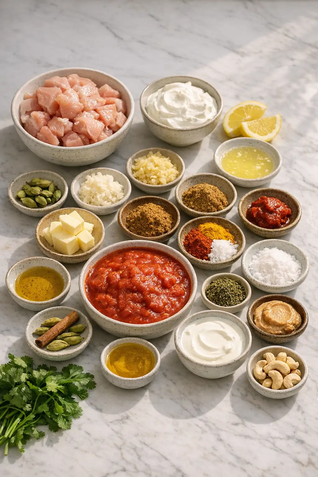 Ingredients for butter chicken including yogurt-marinated chicken, spices, tomatoes, butter, and cream
