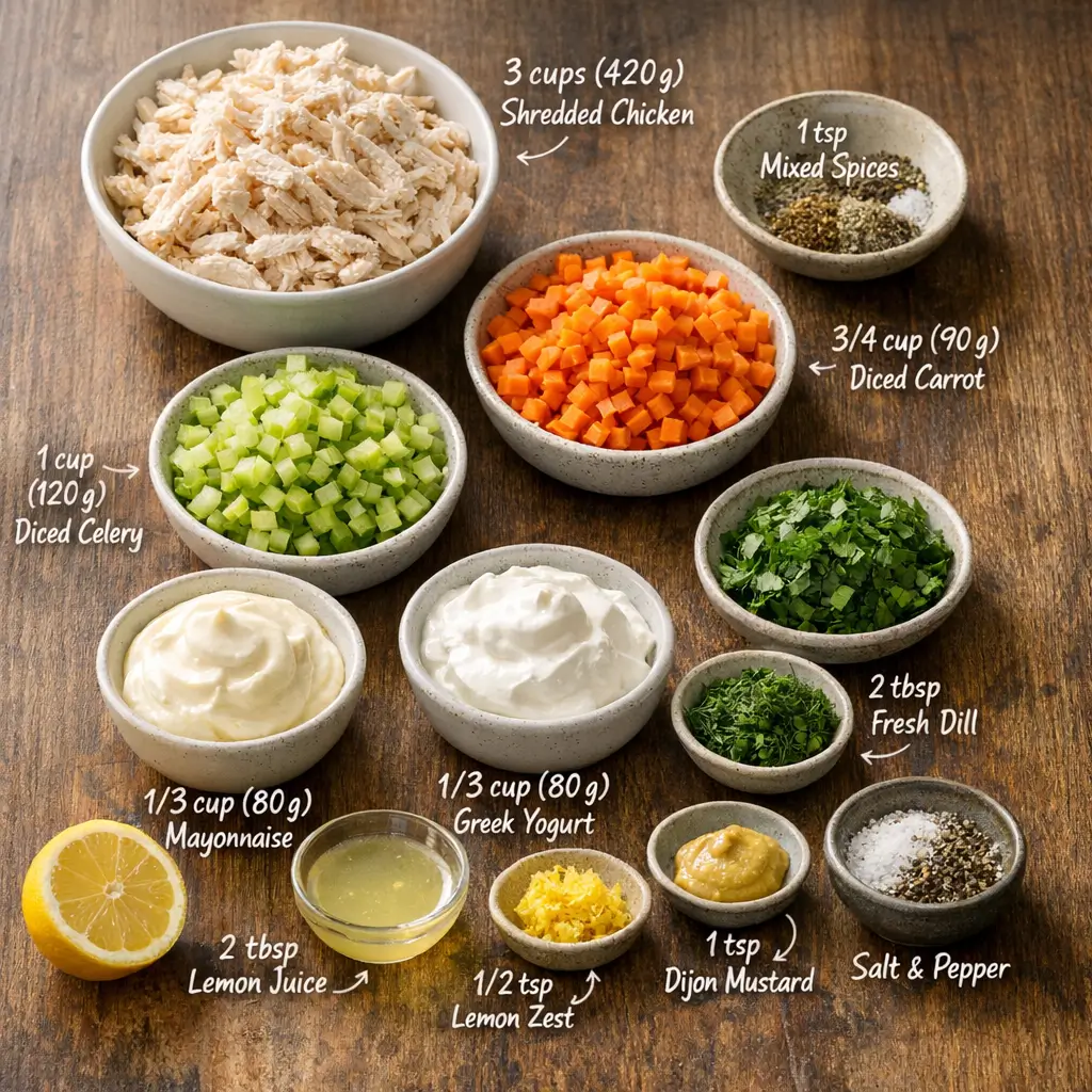 Ingredients for Chicken Soup Salad including celery, chicken, carrots, lemon, and dill on a prep board