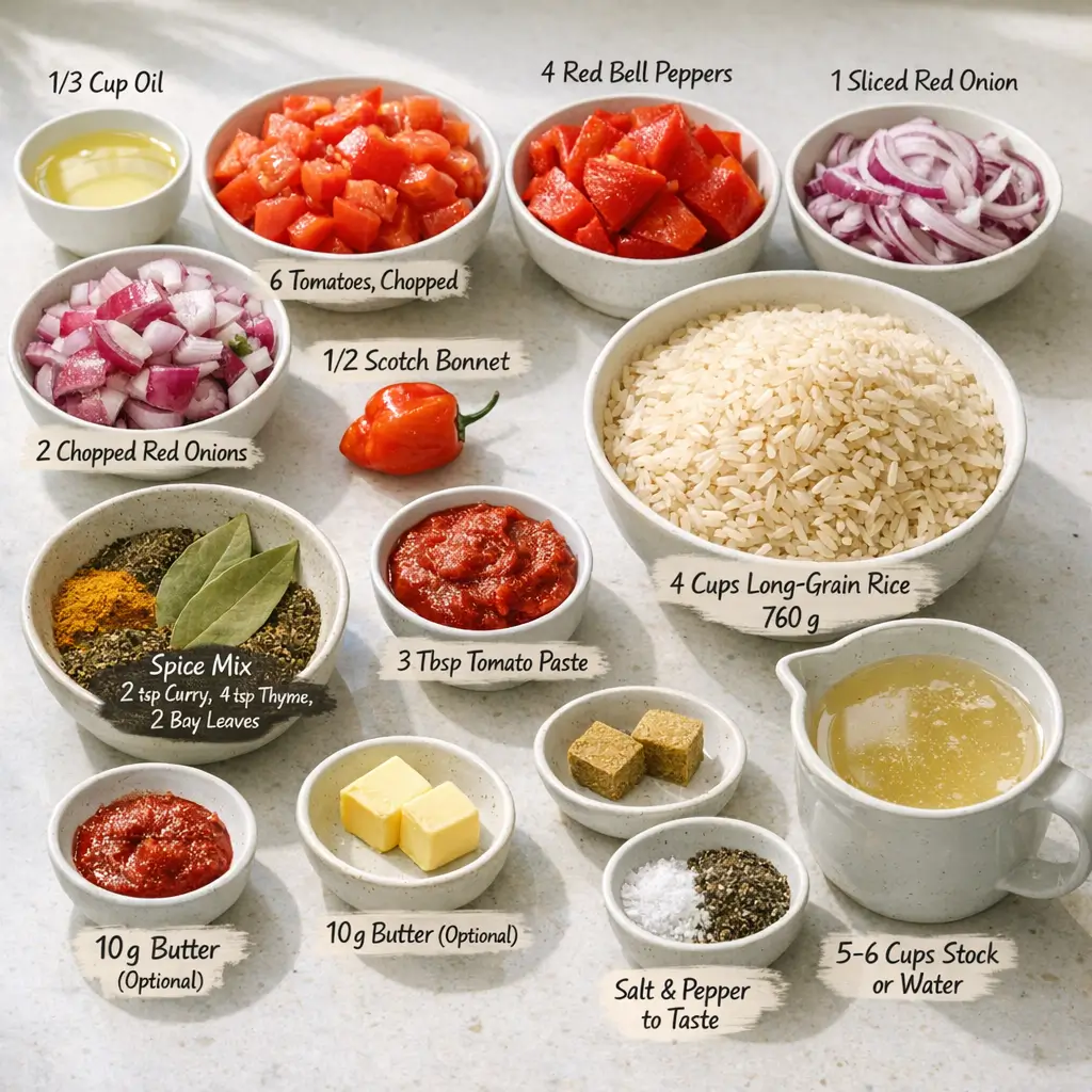 Ingredients laid out for Classic Nigerian Jollof Rice including peppers, tomatoes, rice, and spices