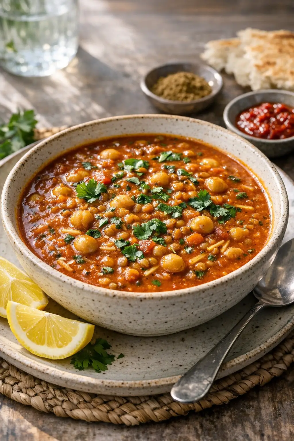 Bowl of creamy Moroccan Harira soup garnished with lemon, herbs, and served with bread