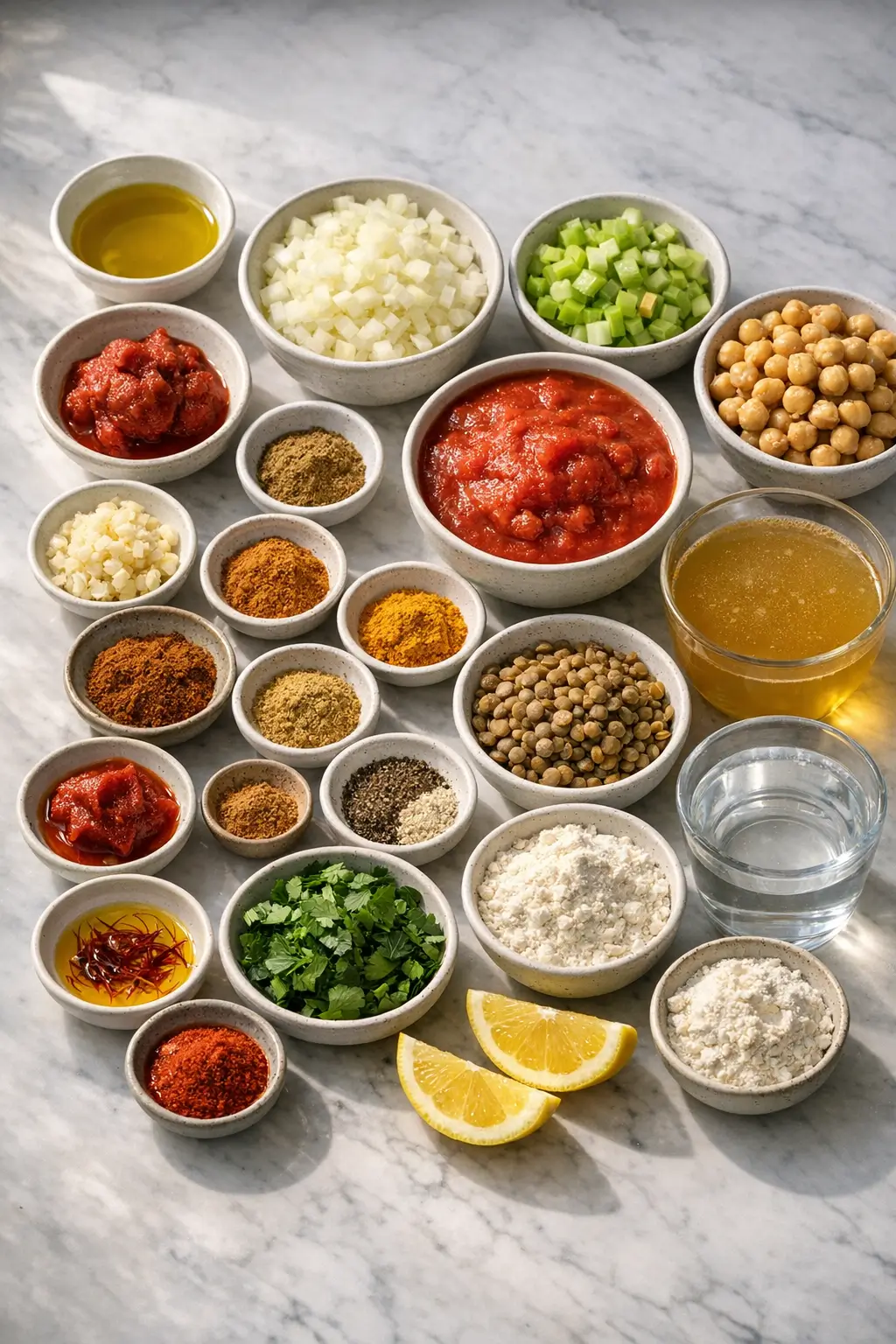 Chopped vegetables, legumes, spices, and herbs arranged for creamy Moroccan harira soup