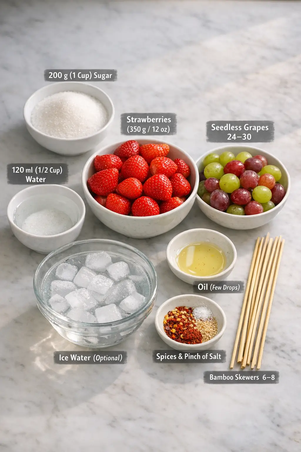 Prepared tanghulu ingredients including strawberries, grapes, and sugar ready for skewering