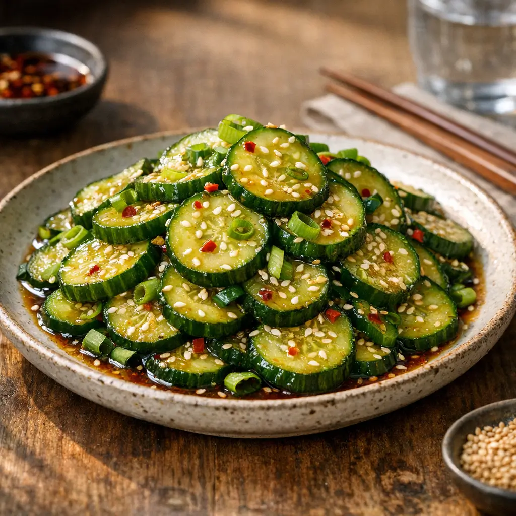 Chilled cucumber salad dressed with soy sauce, sesame oil, and garlic, served in a ceramic bowl