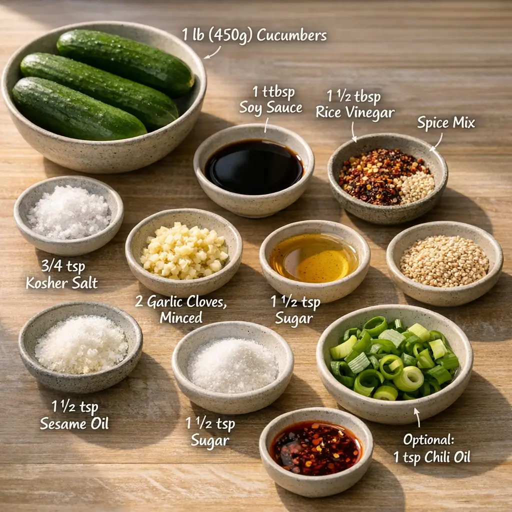 Fresh ingredients for cucumber salad including cucumbers, soy sauce, garlic, rice vinegar, and sesame oil