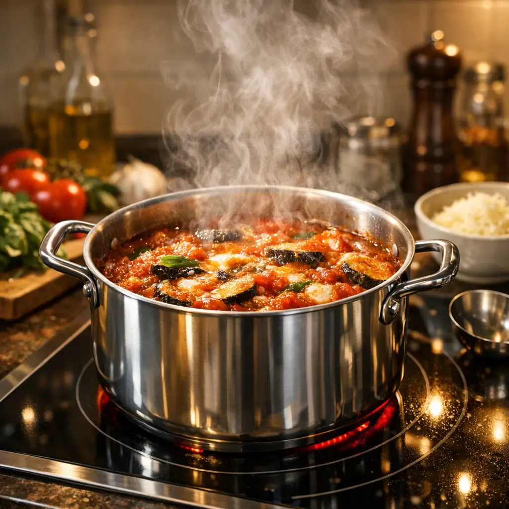 Eggplant slices frying in oil and the Parmigiana di Melanzane being assembled with basil-tomato sauce and grated cheese