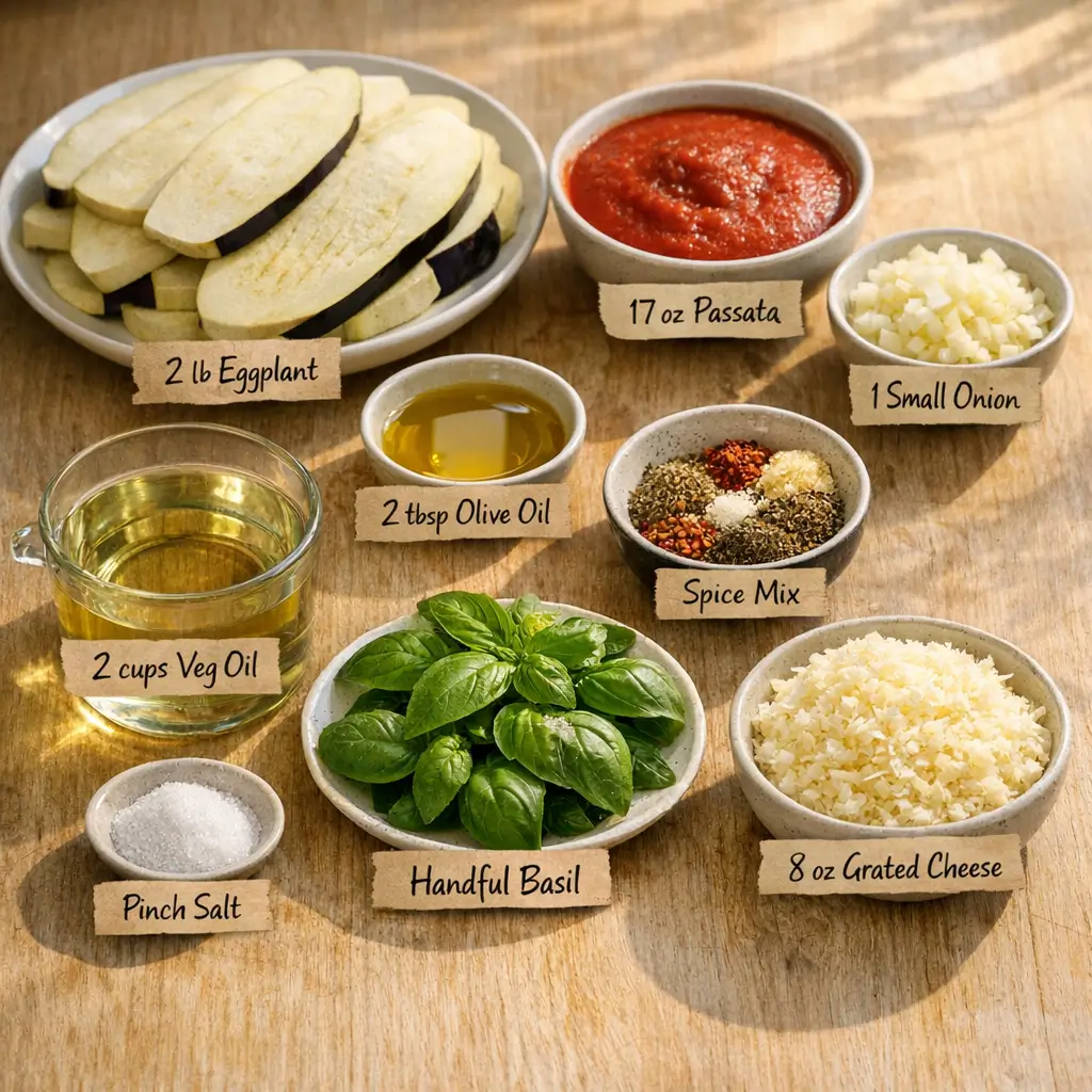 Ingredients for Parmigiana di Melanzane: sliced eggplant, basil, tomato passata, onion, olive oil, caciocavallo or Parmesan, and frying oil