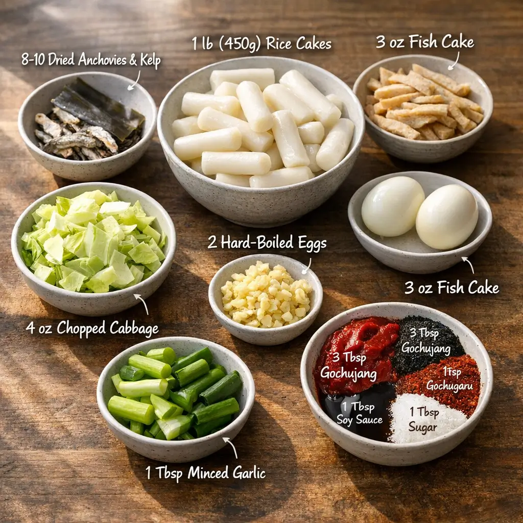 Ingredients for making tteokbokki at home, including rice cakes, gochujang, fish cake, cabbage, and more