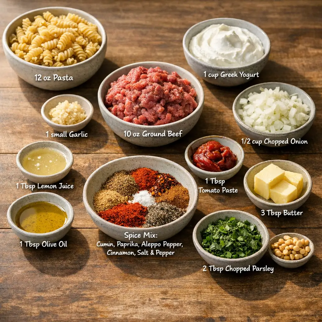 Ingredients for Turkish Pasta featuring short pasta, yogurt, garlic, lemon, ground meat, spices, and butter