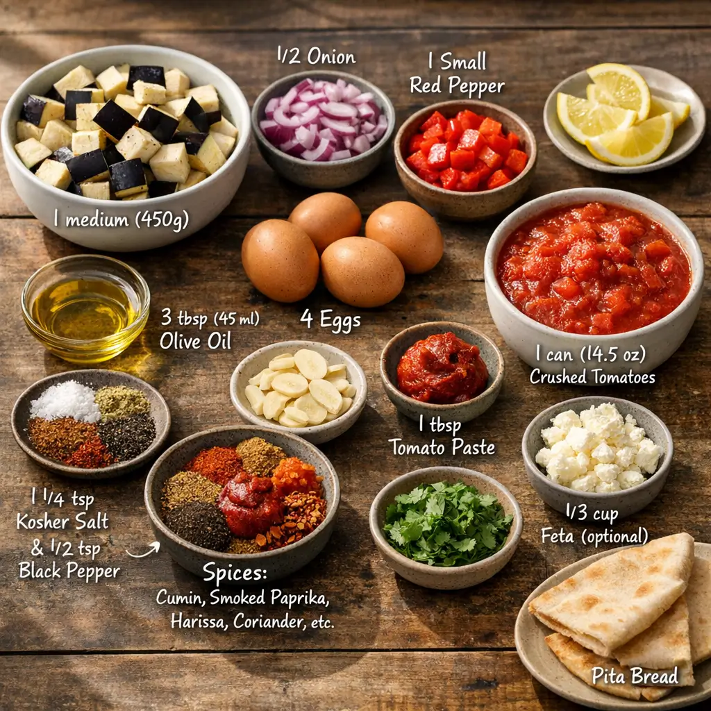 Ingredients for Eggplant Shakshuka including eggplant, spices, eggs, canned tomatoes, and herbs