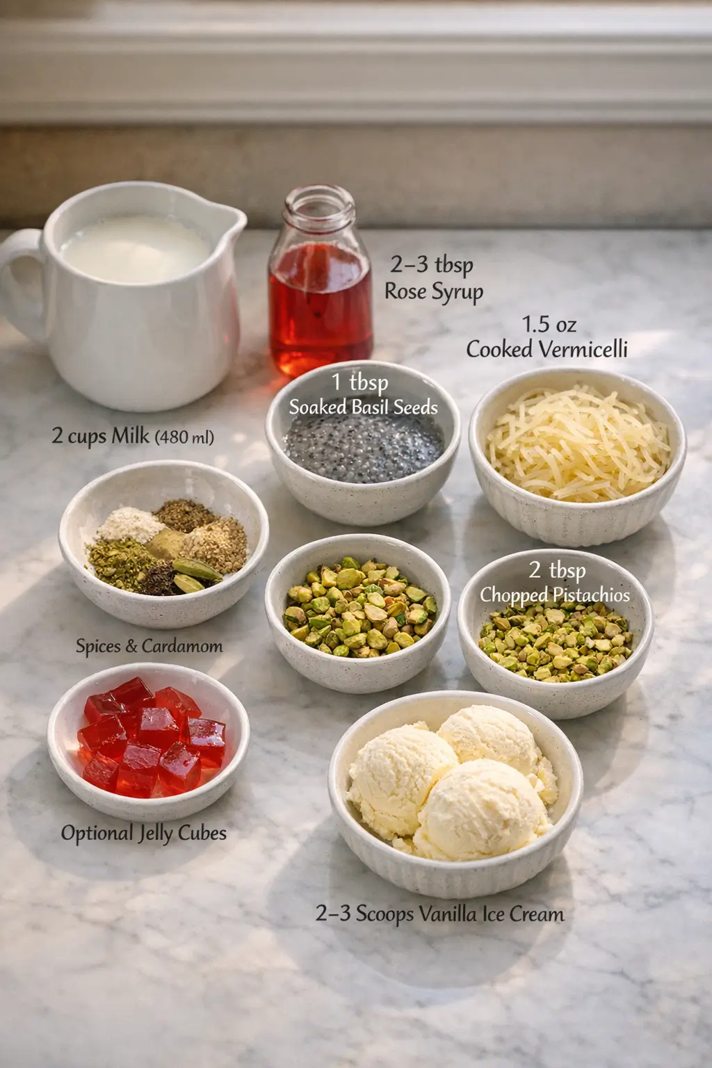 Ingredients for making a falooda milkshake, including rose syrup, milk, basil seeds, sev, and vanilla ice cream