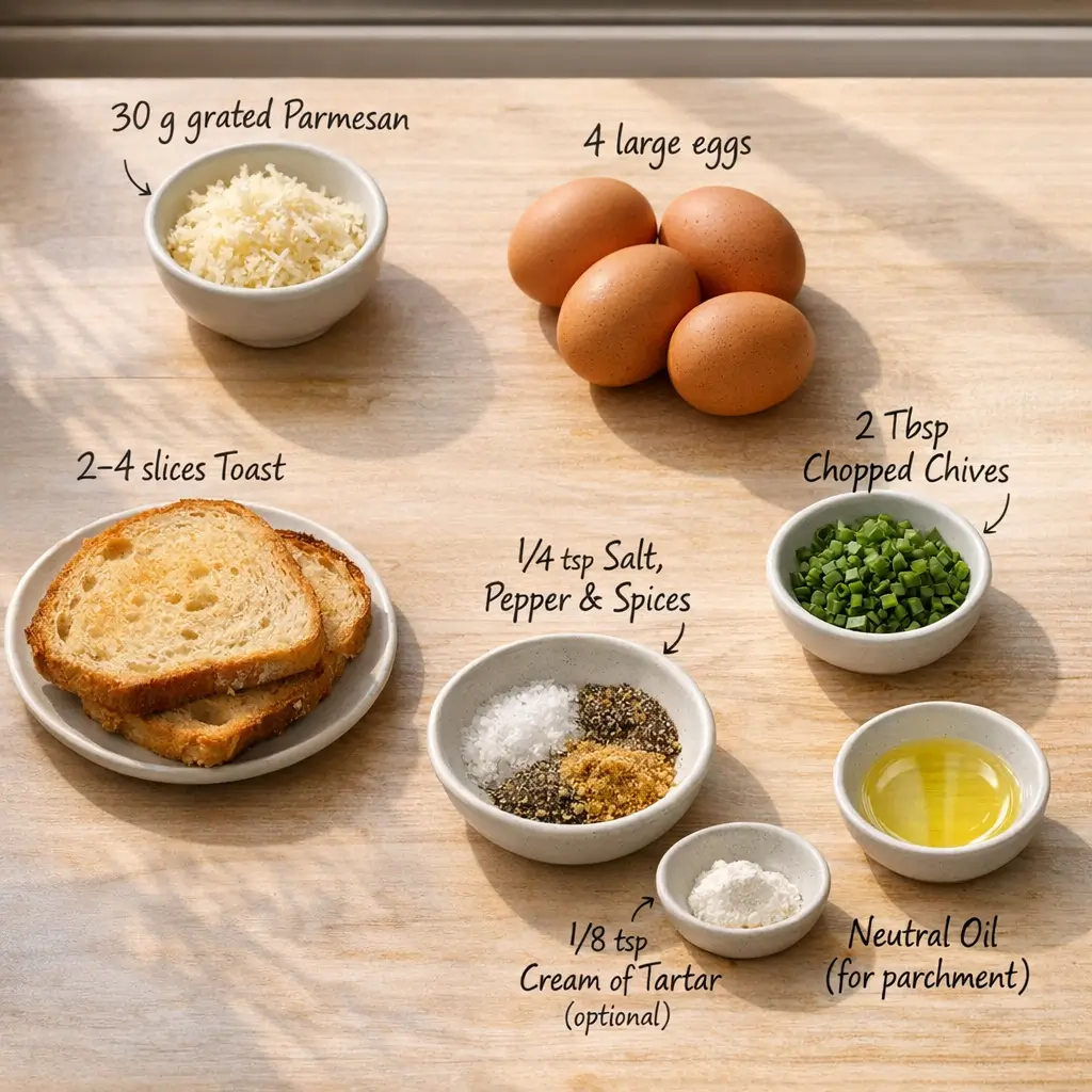 Ingredients for fluffy cloud eggs including eggs, cheese, herbs, and toast on a kitchen counter