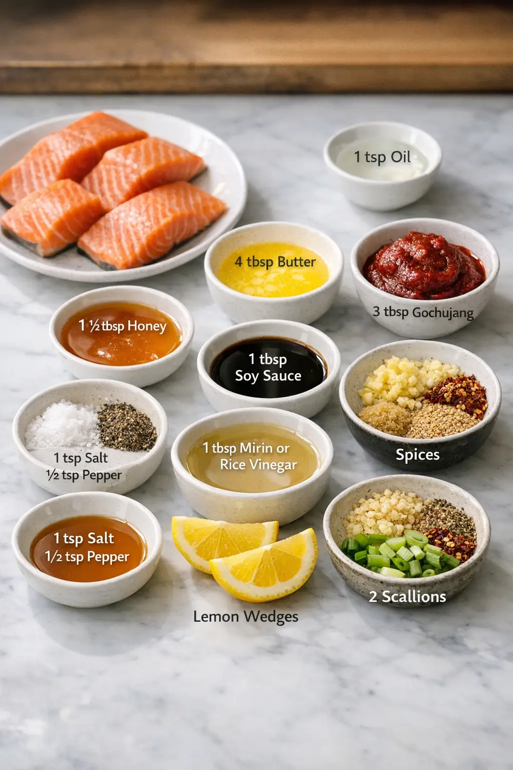 Ingredients laid out for making gochujang butter salmon, including fresh salmon fillets, gochujang, butter, garlic, and seasonings
