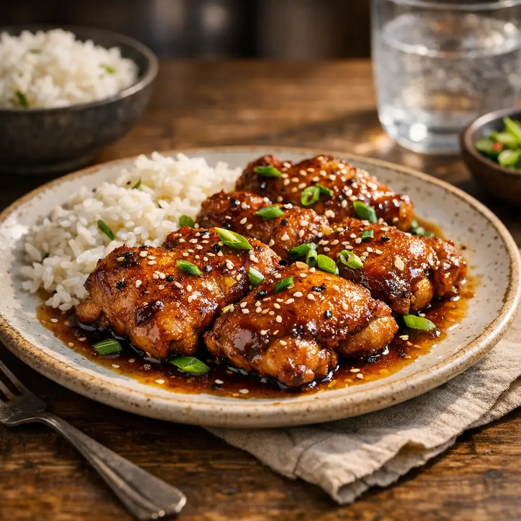 Finished Honey Butter Chicken Thighs in skillet with glossy, caramelized glaze