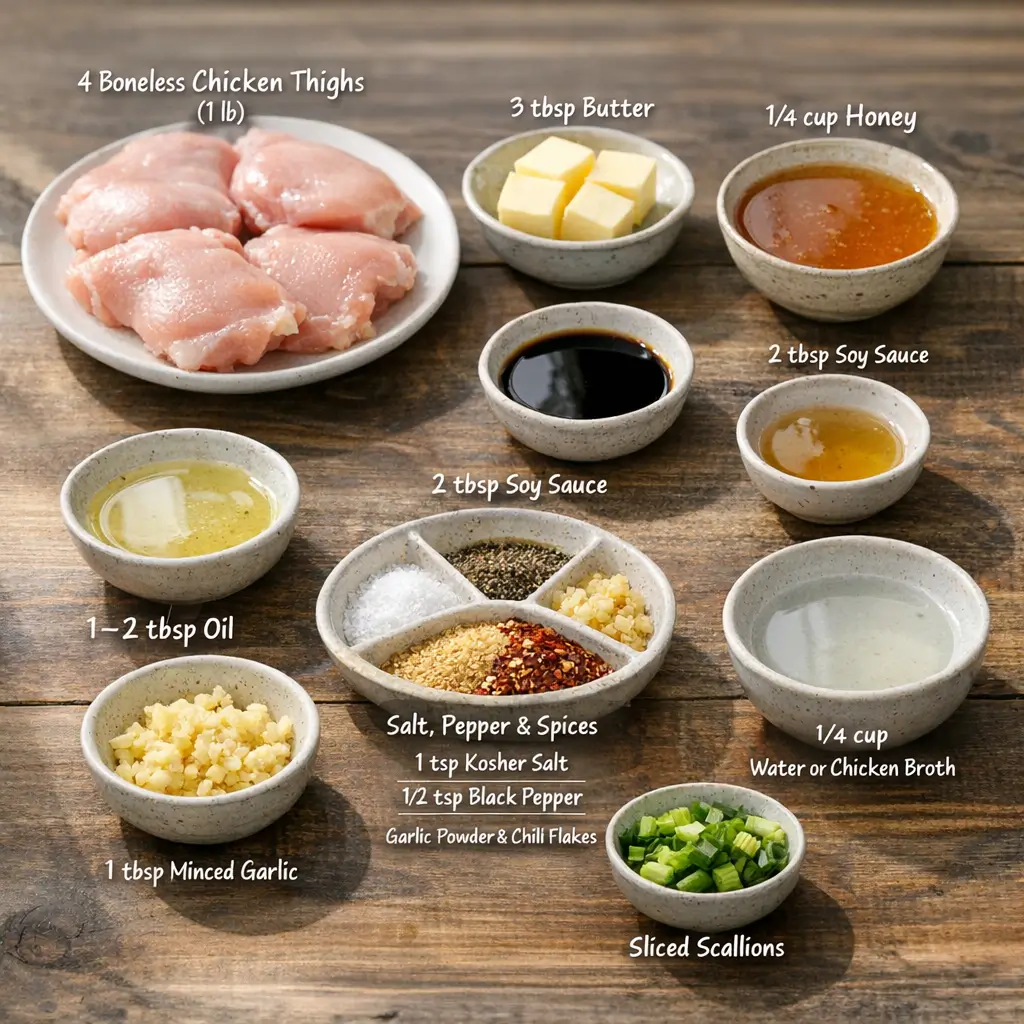 Ingredients for Honey Butter Chicken Thighs including chicken, soy sauce, garlic, honey, butter, and spices