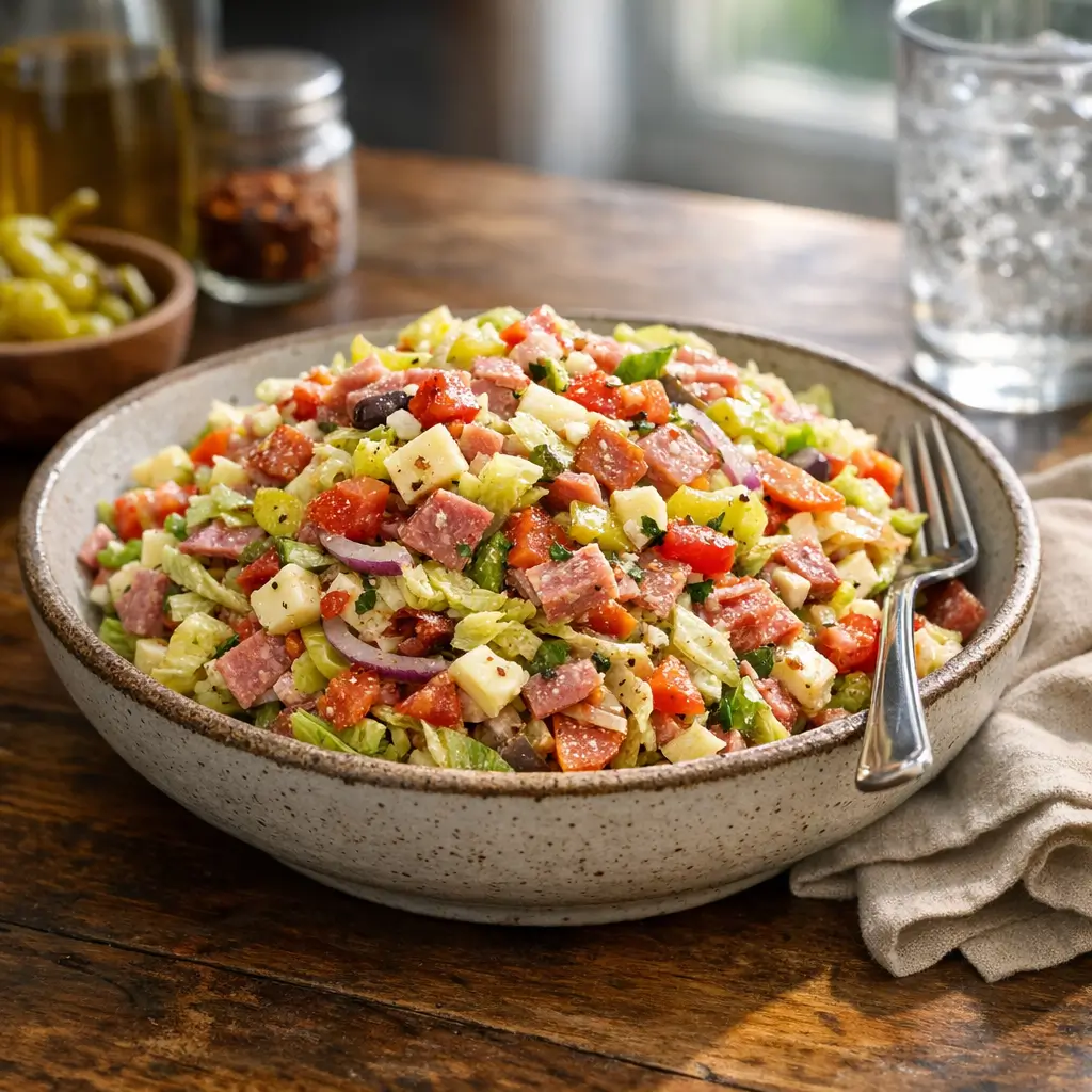 Final plated Italian chopped sandwich salad in a bowl and in toasted hoagie rolls, ready for serving