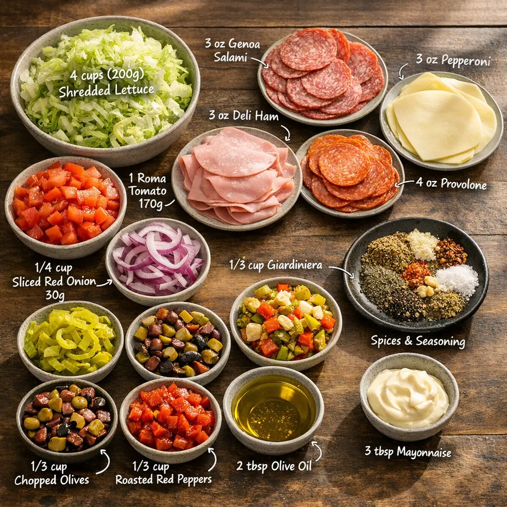 Ingredients for Italian chopped sandwich laid out on a kitchen surface including deli meats, herbs, vegetables, and provolone cheese