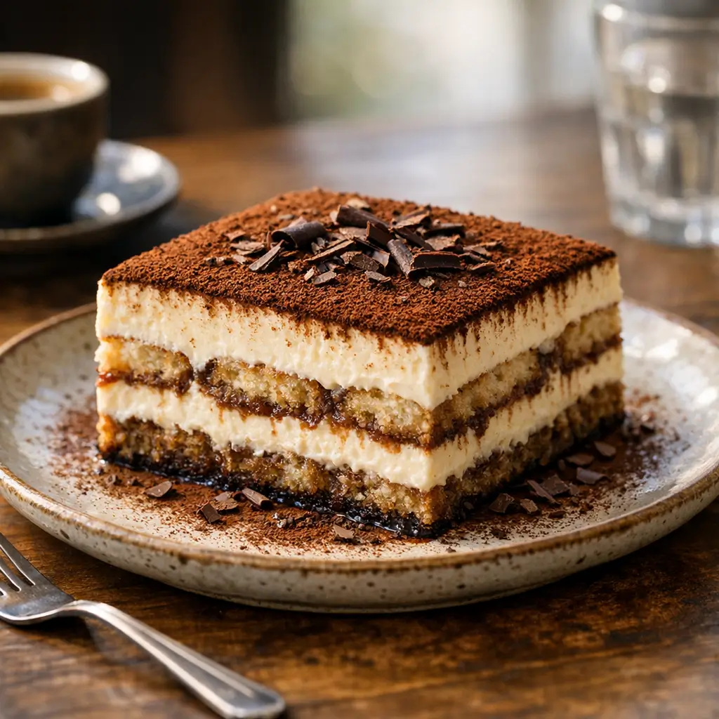 Final plated tiramisu slice showing creamy layers, cocoa top, and clean edges
