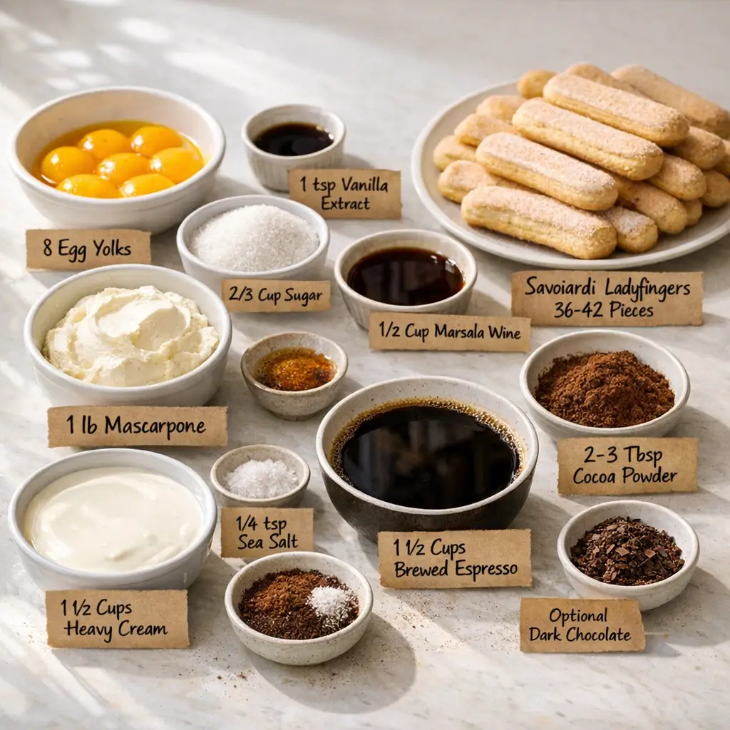 Ingredients for classic Italian tiramisu including egg yolks, mascarpone, ladyfingers, and coffee