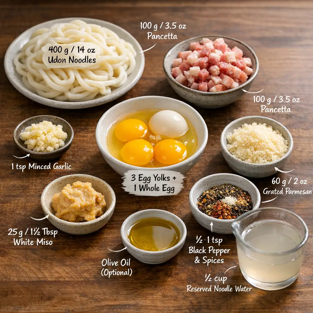 Ingredients for Japanese-Style Miso Carbonara Udon, including udon noodles, pancetta, eggs, Parmesan, and white miso