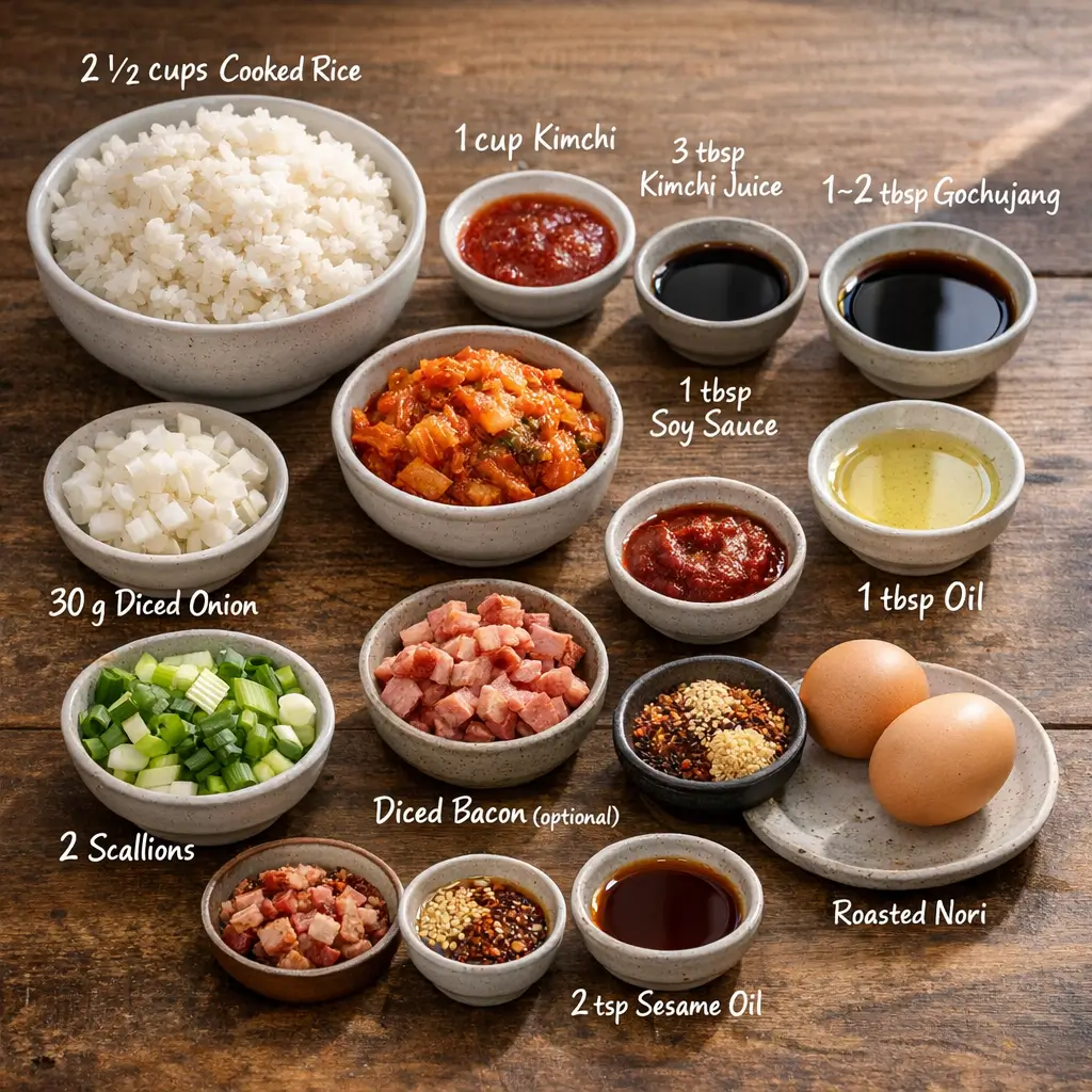 Prepared ingredients for kimchi fried rice including rice, kimchi, gochujang, and aromatics
