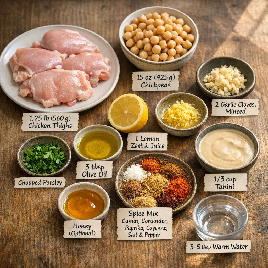 Ingredients for lemon tahini chicken with chickpeas including raw chicken, lemon, garlic, tahini, and spices