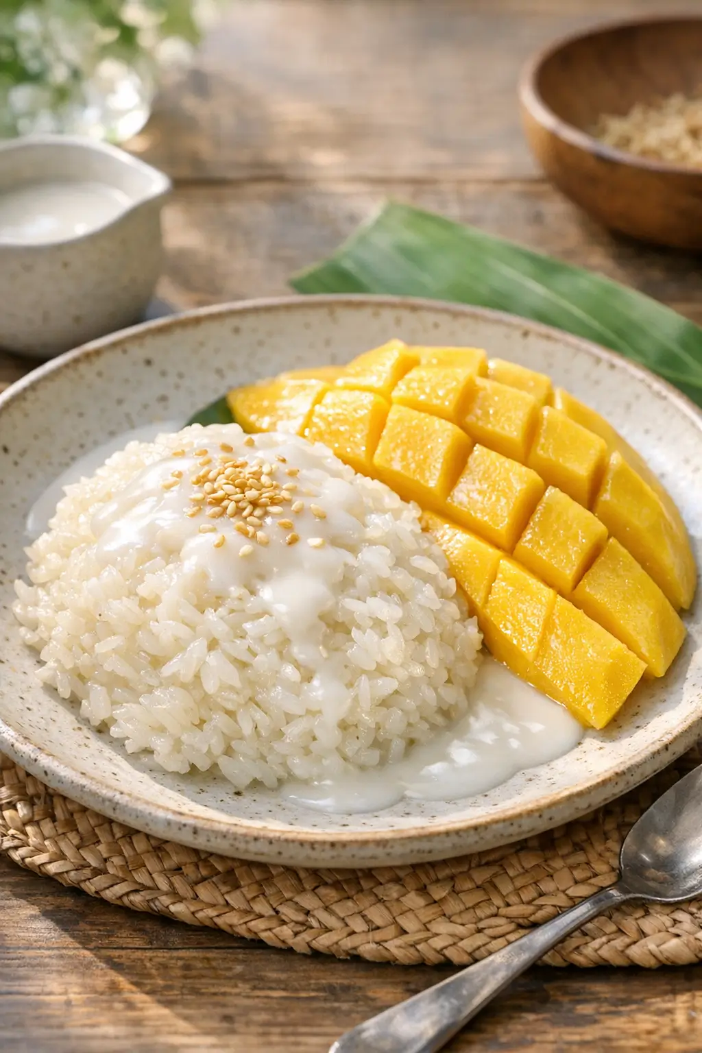 Final plated Mango Sticky Rice with sliced ripe mangoes and glossy coconut sauce on top
