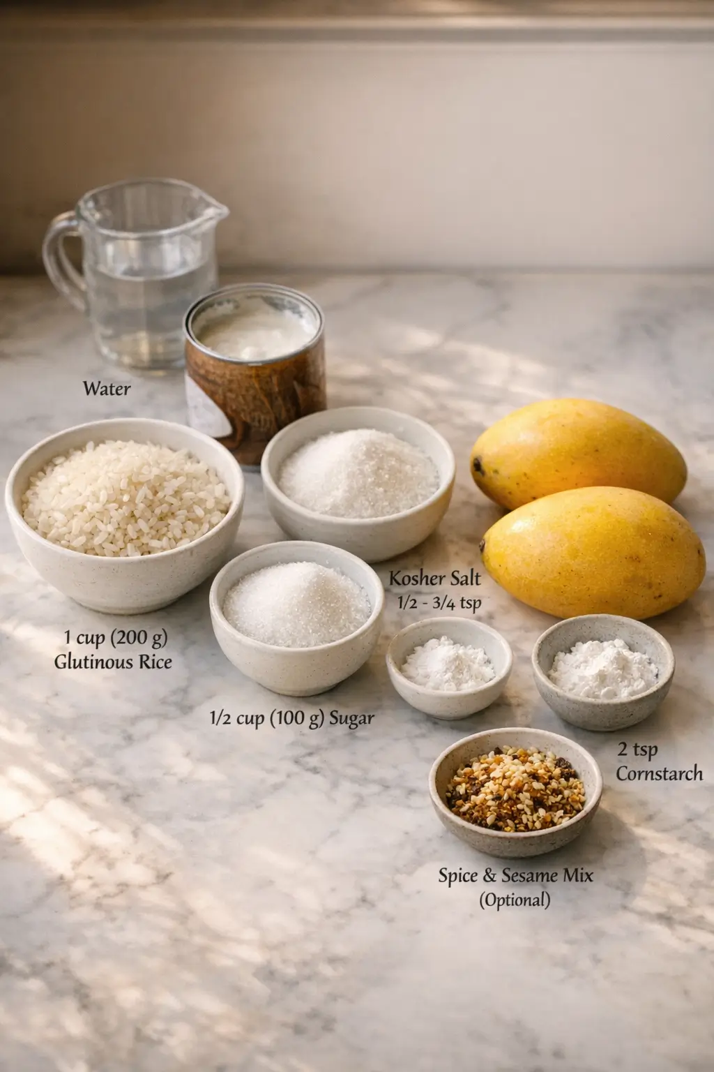 Ingredients for Mango Sticky Rice including coconut milk, glutinous rice, ripe mangoes, and garnishes