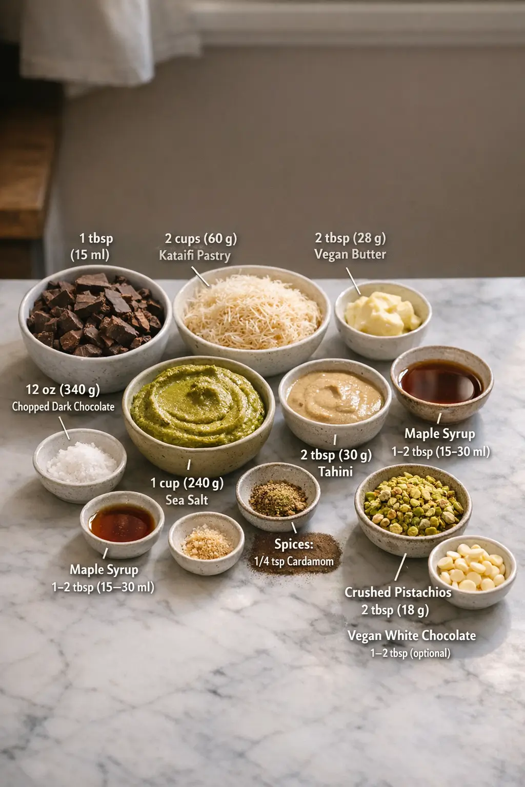 Ingredients for Dubai chocolate bars including dairy-free chocolate, kataifi, pistachio cream, and tahini