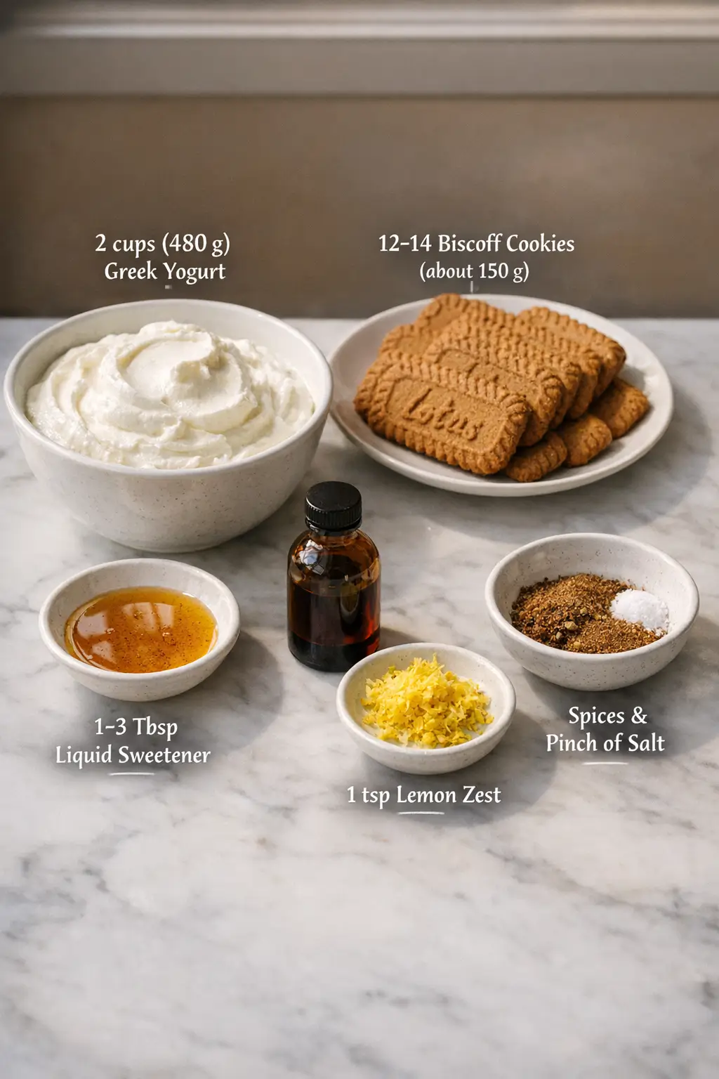 Ingredients for no-bake Japanese cheesecake with Greek yogurt, Biscoff cookies, and optional flavor add-ins