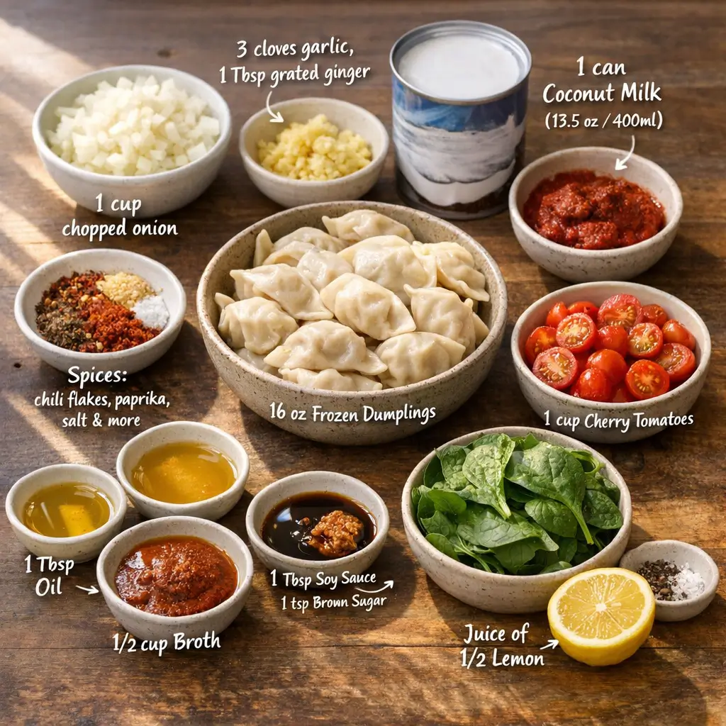 Ingredients laid out for Turkish-Inspired Dumpling Bake, including frozen dumplings, coconut milk, red curry paste, and aromatics