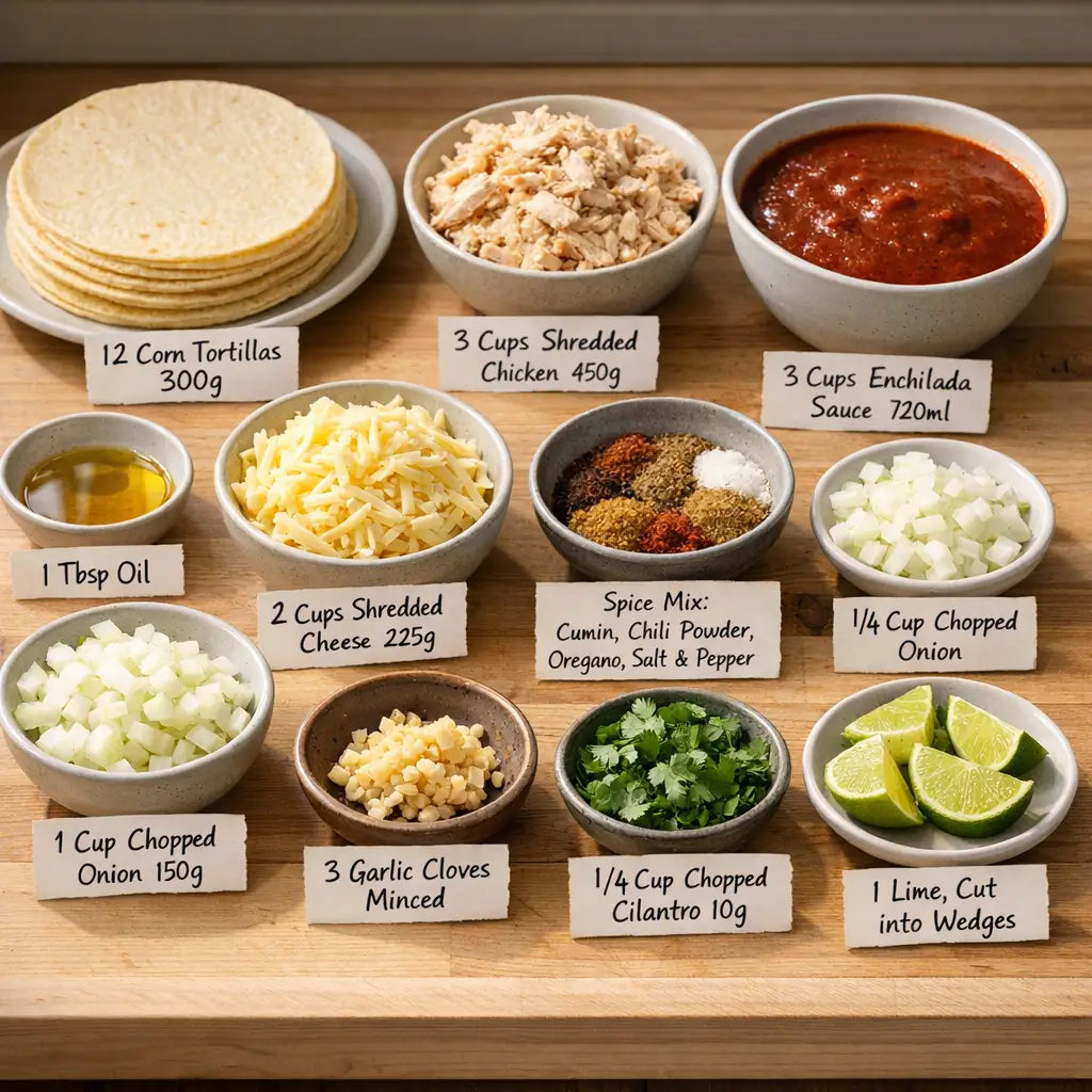 Ingredients for easy oven-baked red enchiladas including tortillas, chicken, cheese, and enchilada sauce