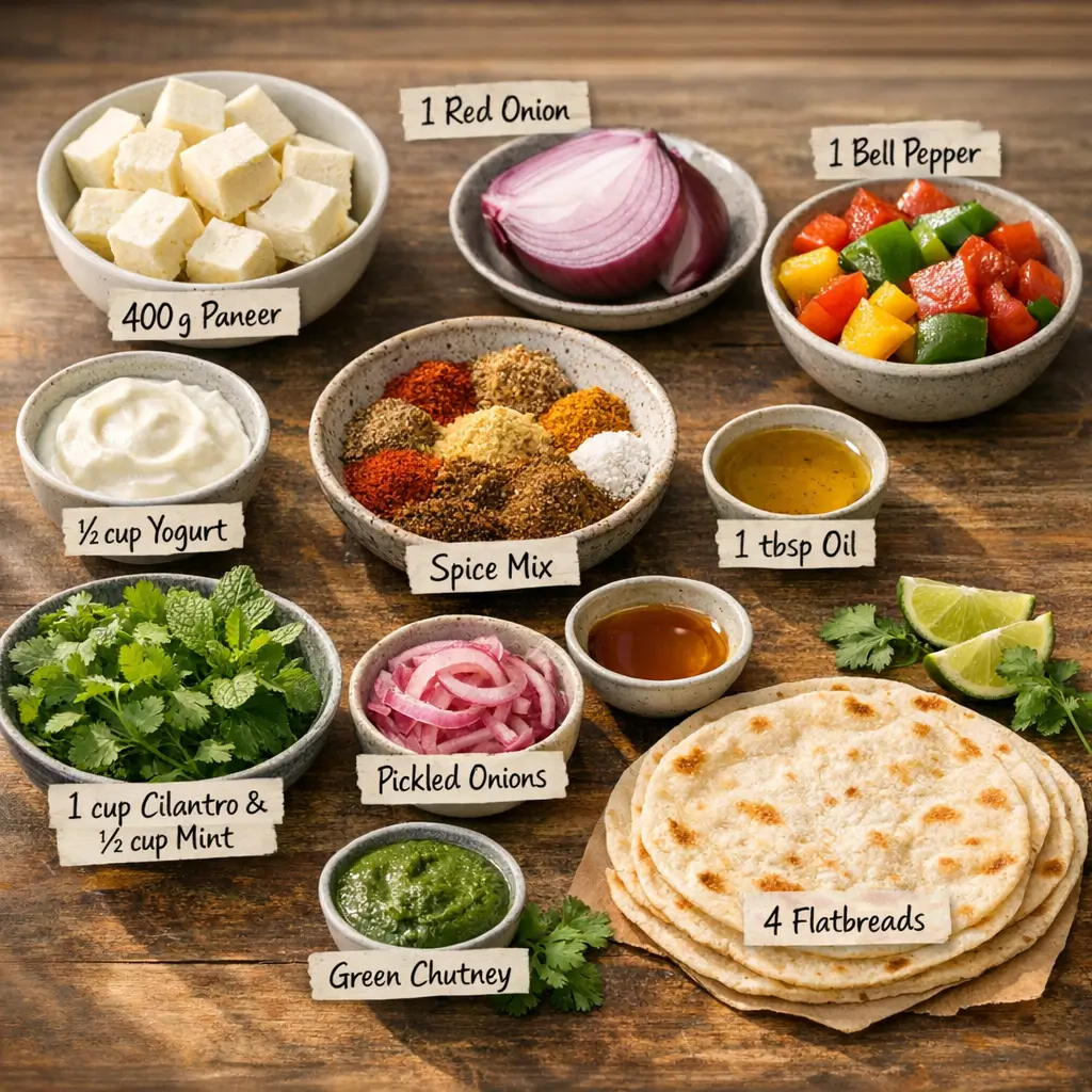 Prepped ingredients for paneer tikka wrap including marinated paneer, chopped peppers, and yogurt chutney