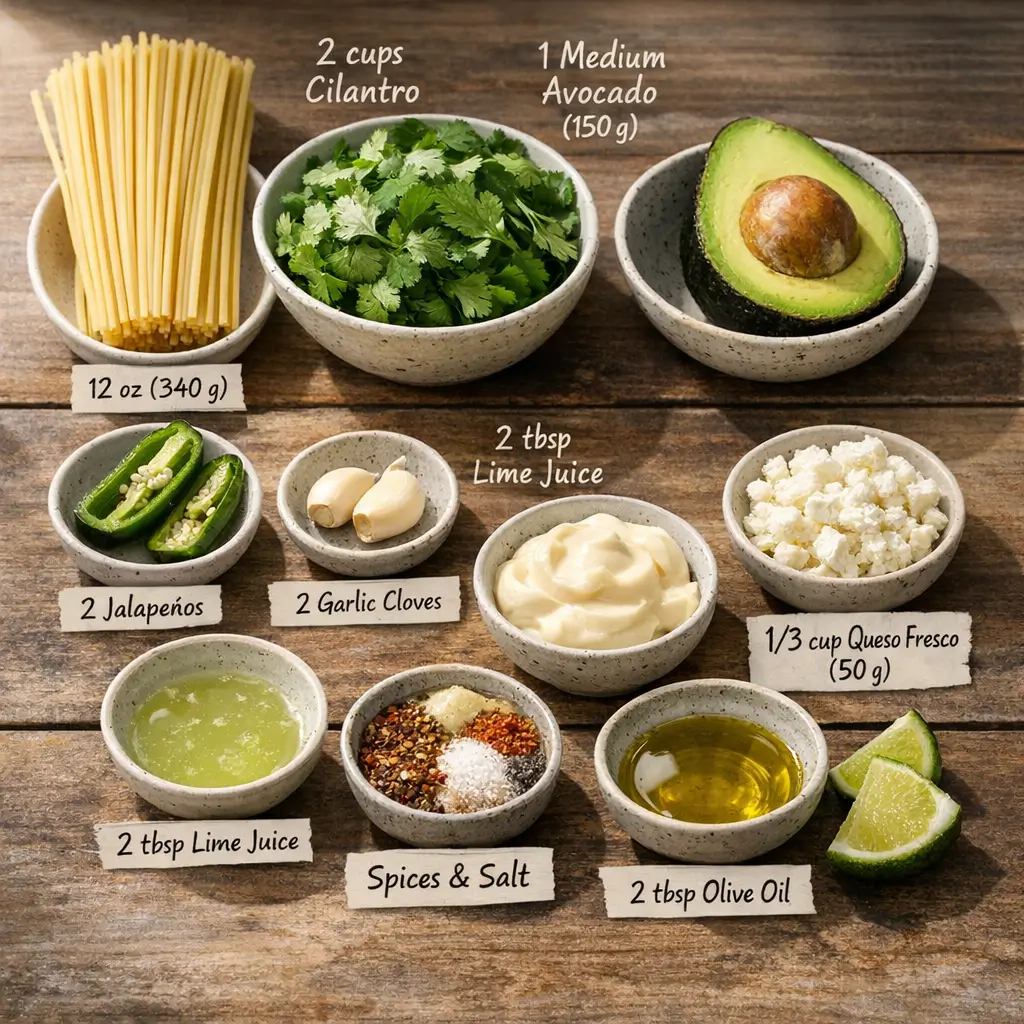 Ingredients for Peruvian Green Spaghetti laid out, including cilantro, avocado, jalapeños, lime, olive oil, and spaghetti