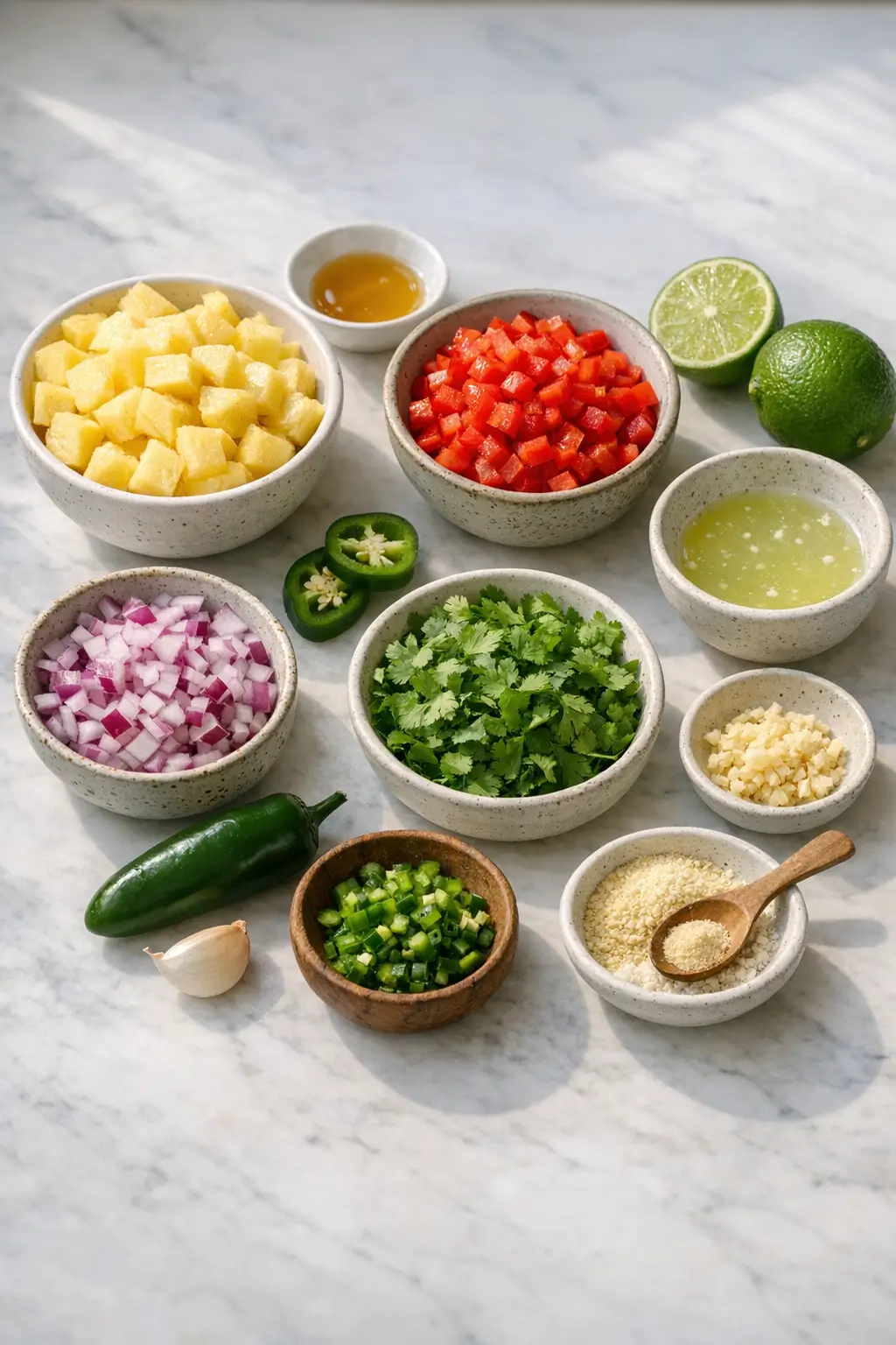 Chopped fresh ingredients for pineapple salsa including pineapple, red onion, bell pepper, jalapeño, and cilantro
