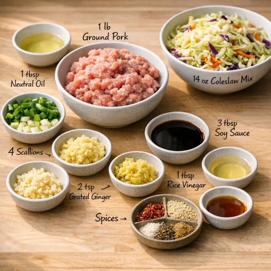 Ingredients for pork egg roll in a bowl including coleslaw mix, ground pork, soy sauce, and aromatics