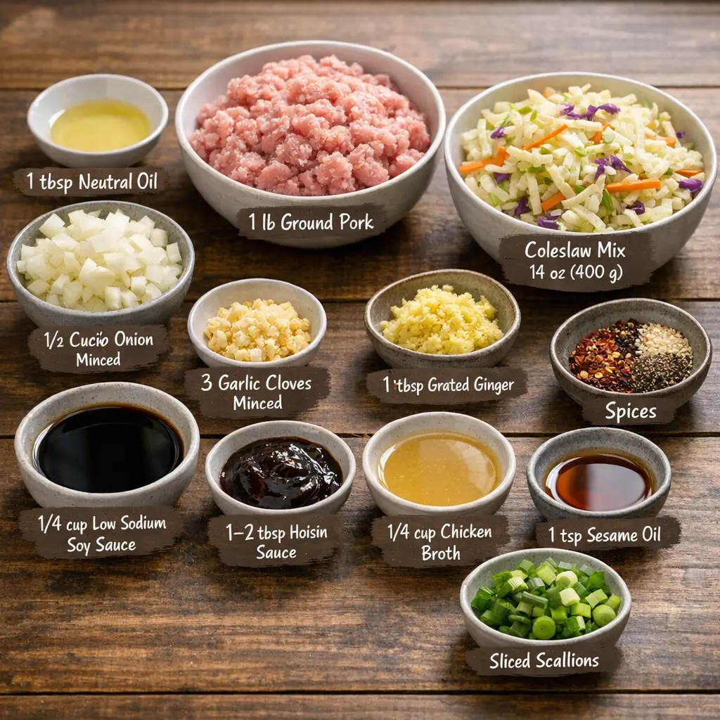 All ingredients needed for pork egg roll in a bowl, including ground pork, coleslaw mix, soy sauce, and aromatics