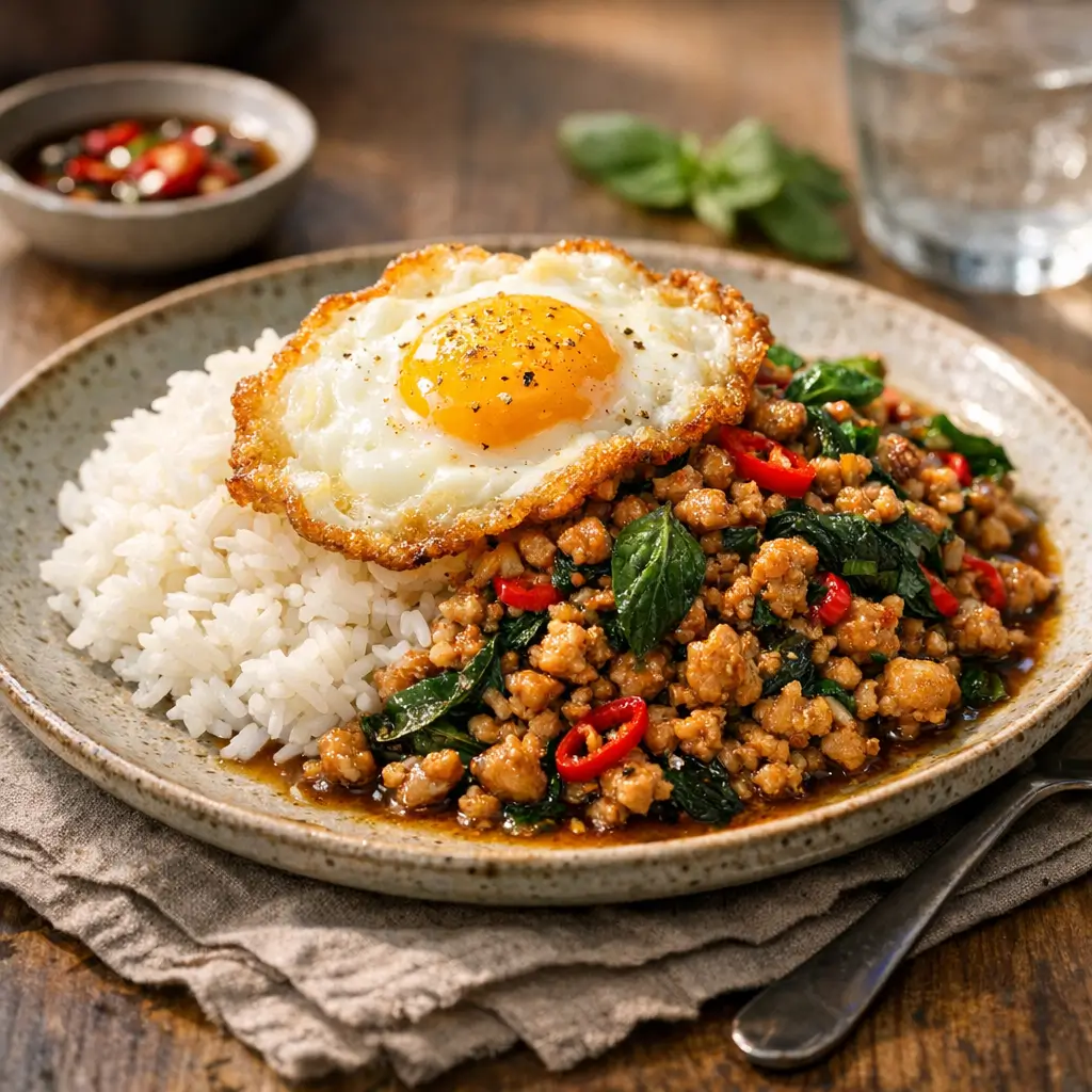 Completed Thai basil chicken served over jasmine rice with a crispy fried egg on top