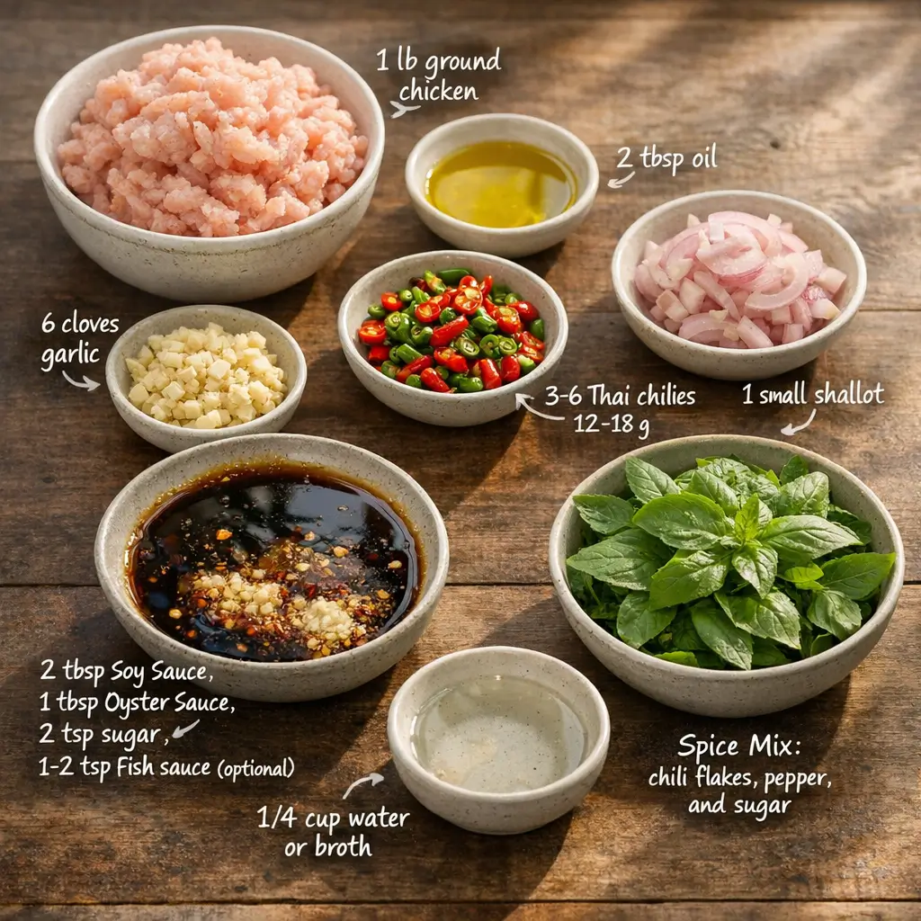 Ingredients laid out for making Thai basil chicken, including ground chicken, garlic, chilies, sauces, and fresh basil