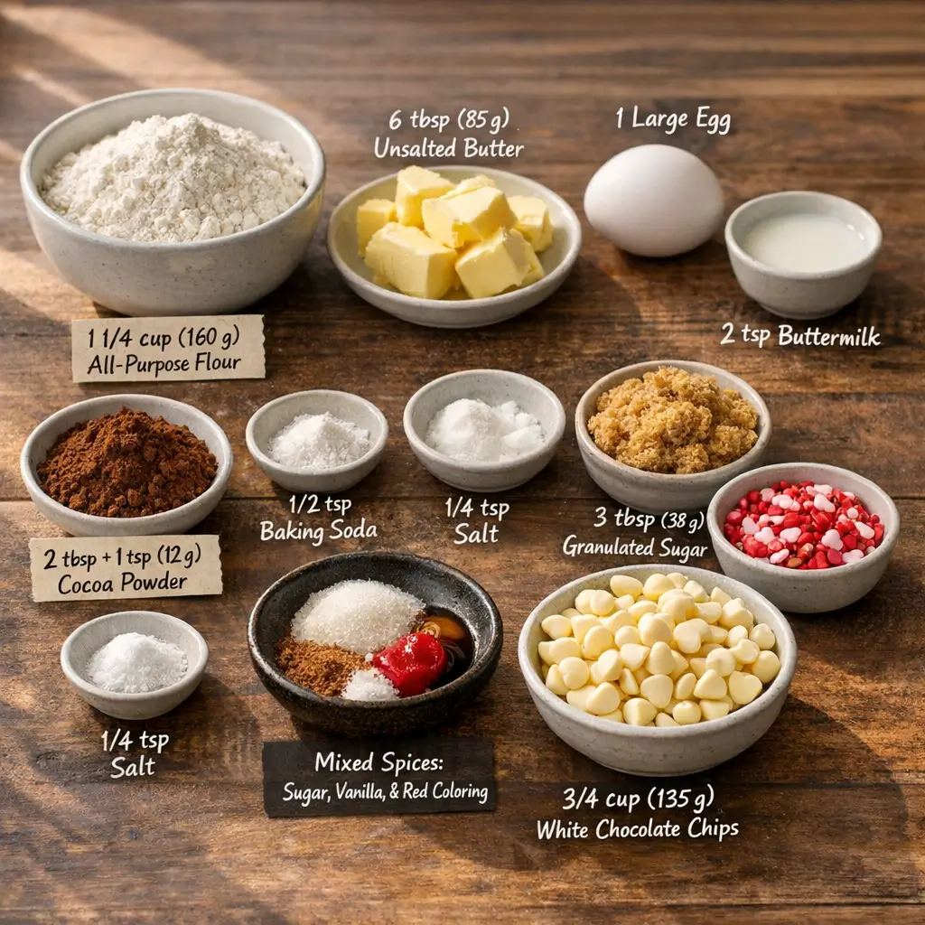 Ingredients for Red Velvet Valentine Cookies including cocoa powder, flour, sugars, butter, egg, and white chocolate chips