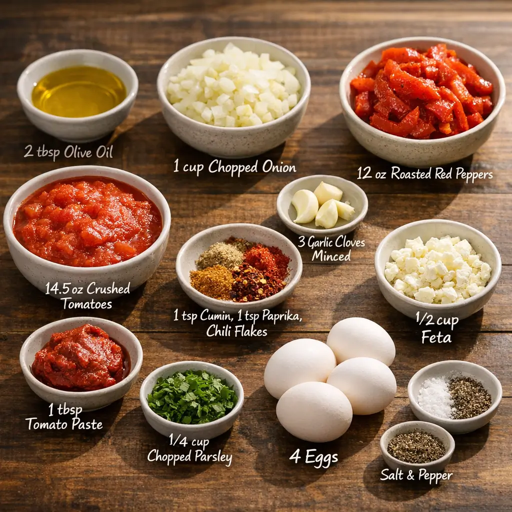 Chopped vegetables, spices, and pantry ingredients for roasted red pepper shakshuka