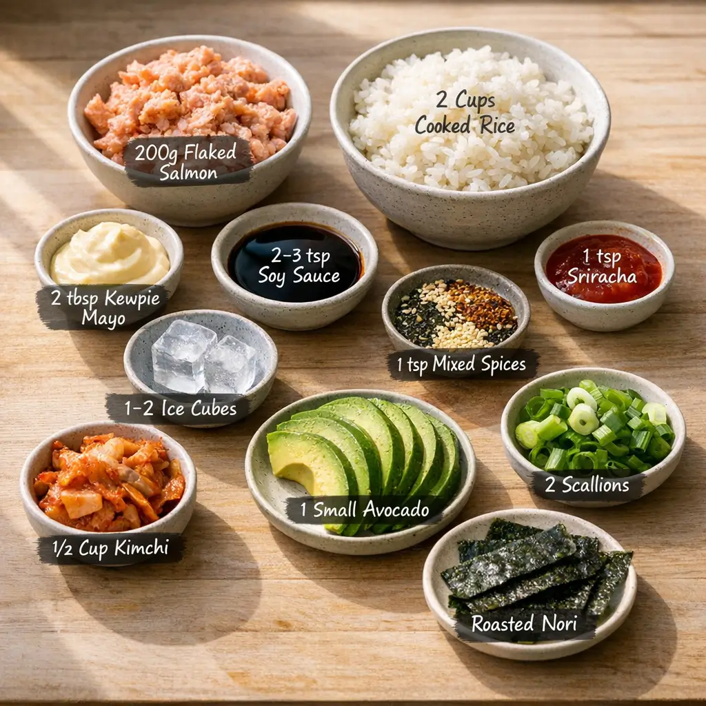 Ingredients for salmon rice bowl including cooked salmon, rice, Kewpie mayo, and sriracha