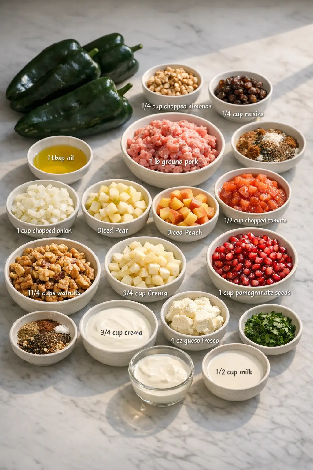 Prepared ingredients for Chiles en Nogada, including poblano peppers, ground pork, apples, walnuts, and spices