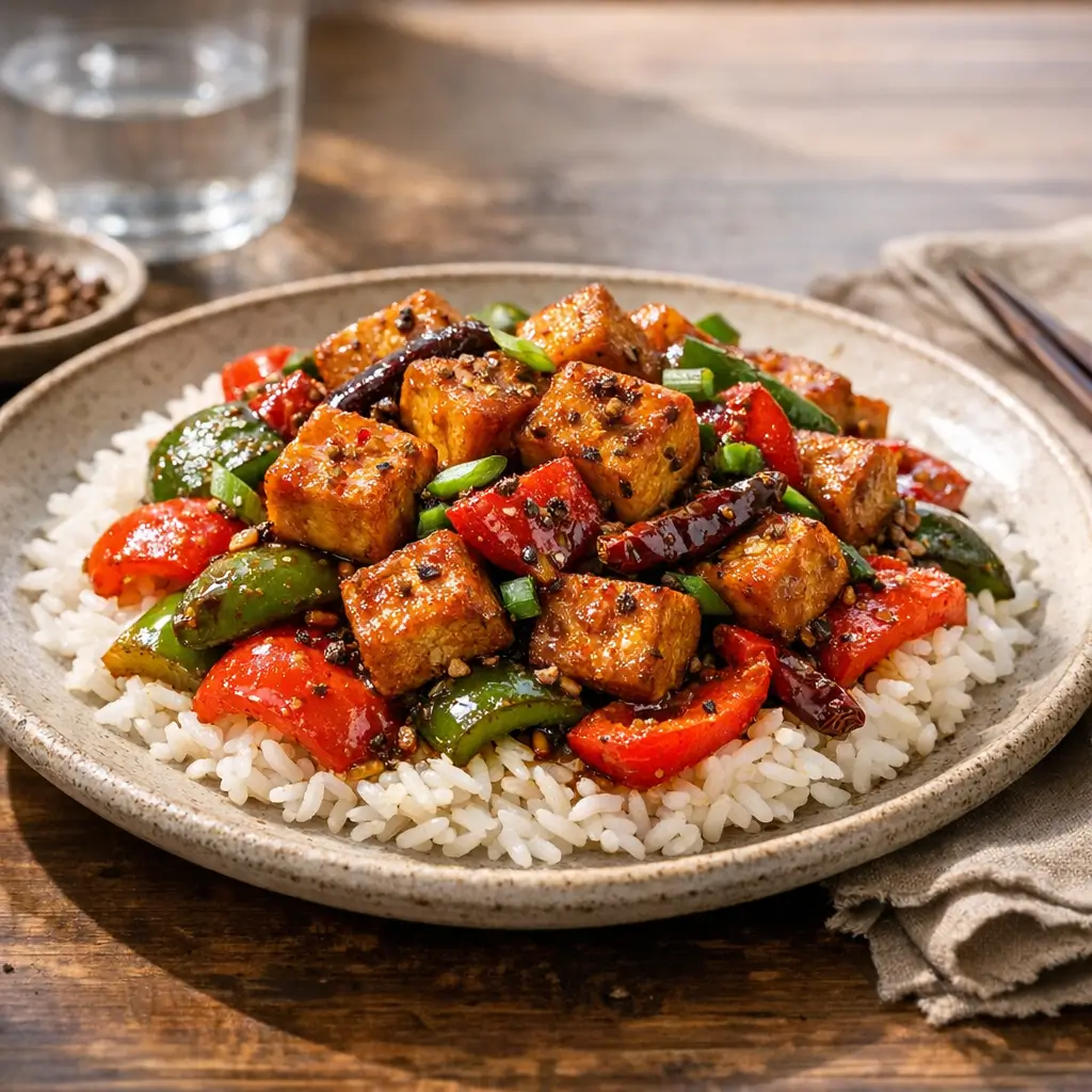 Plated Szechuan Tofu Stir-Fry with bell peppers and glossy spicy sauce served over steamed rice